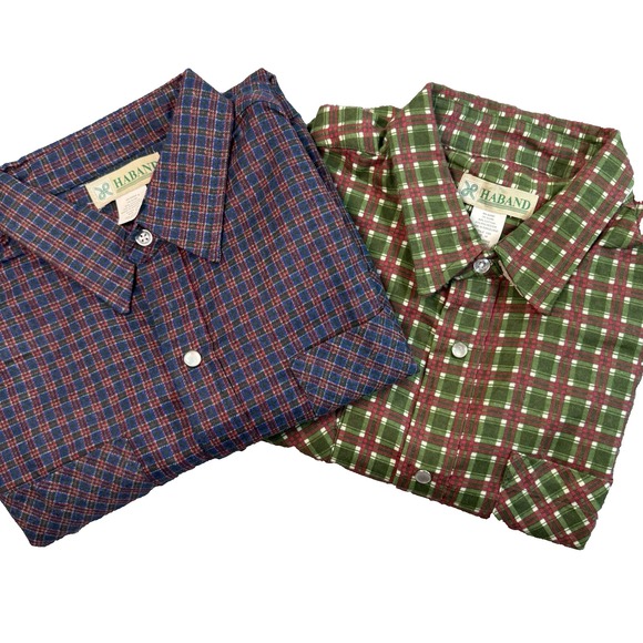Lot of 2 New Vintage Haband Men's Medium Western Plaid Flannel Shirt Pearl Snaps - Picture 1 of 14